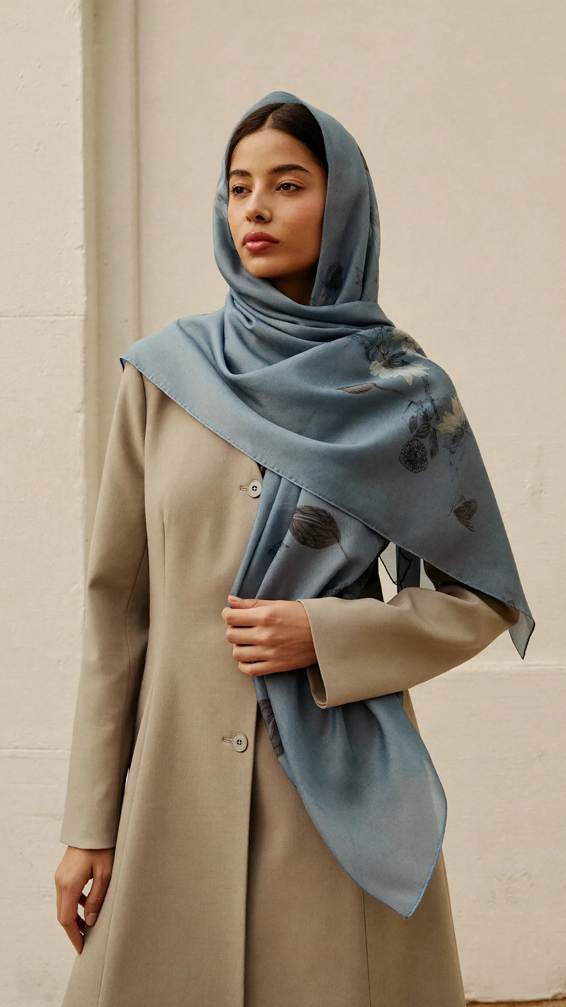AZALEA Kampagnenbild: Frau mit einem Premium Printed Viscose Schal in Dusty Blue